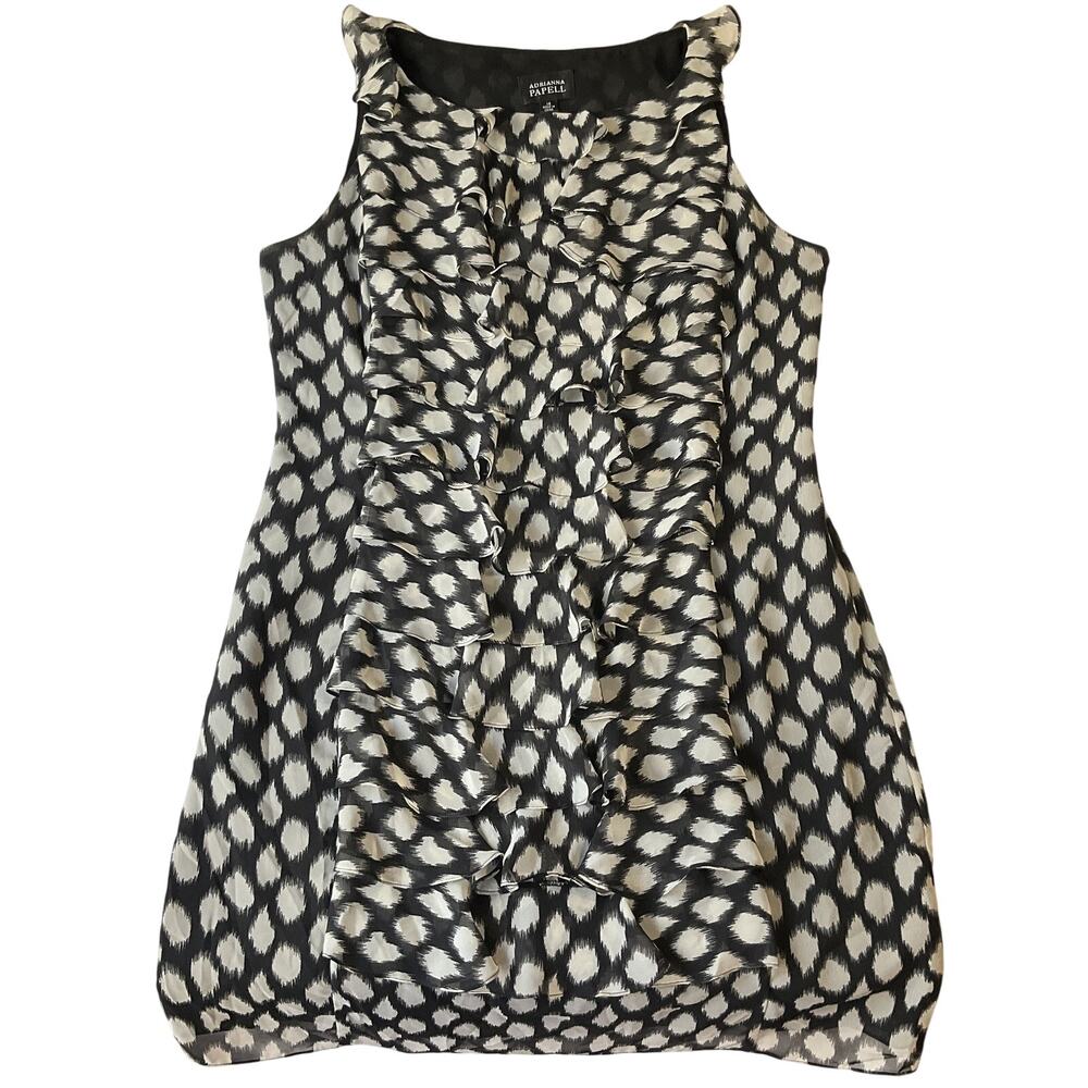Adrianna Papell Women Dress 14 Black AnimalPrint Shift Chiffon Ruffle KneeLength